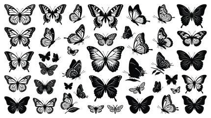 Set of black silhouettes of butterflies collection of various butterfly species, different shapes and sizes, vector illustration for design, scrapbooking, and decoration © PixelAura_Studio