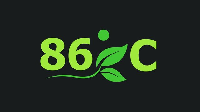 86 Degree Celsius Green Energy Concept Animation with Growing Leaves, Ecology and Temperature Measurement Icon on Dark Background