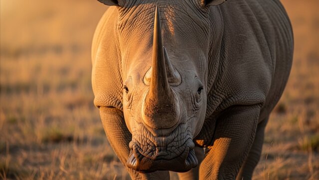 Animal - White Rhinoceros Close Up Front View Walking Toward Camera on African Savanna at Golden Hour