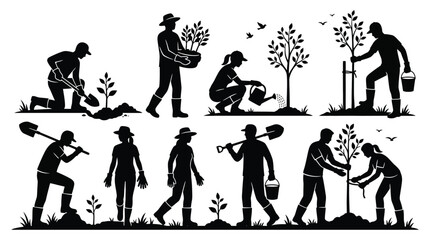 Set of silhouettes of people planting trees and gardening volunteers planting saplings, watering plants, using shovels and buckets © PixelAura_Studio
