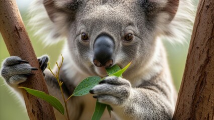 Fototapeta premium Animal - Wild Koala Eating Fresh Eucalyptus Leaves While Gripping Tree Branch in Close Up Portrait