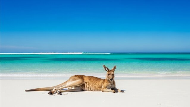 Animal - Wild Kangaroo Resting on White Sand Beach with Turquoise Ocean Water in Australian Summer