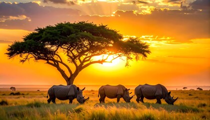 Obraz premium A serene savannah scene at sunset with three rhinos