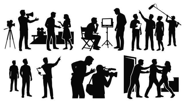 Film set silhouettes collection showing movie production crew and actors including director, camera operator, and boom operator working on a motion picture