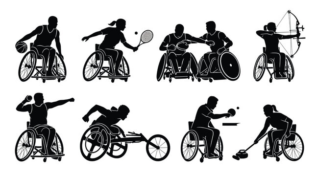Set of silhouettes of paralympic athletes in wheelchairs, including basketball, tennis, rugby, archery, shot put, racing, table tennis and curling