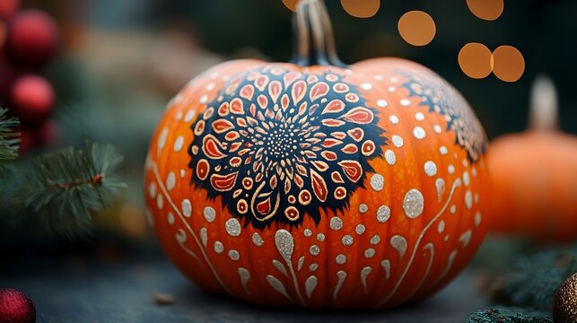 A vibrantly painted pumpkin featuring intricate mandala-style patterns in orange black and white with decorative dots and swirls set against a festive holiday backdrop with blurred red berries.