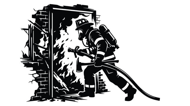 Firefighter entering a burning building, silhouette illustration of a rescue worker with a fire hose and axe, heroic emergency responder in protective gear, vector graphic