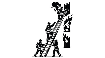 Obraz premium Firefighters rescuing a person from a burning building using a ladder, vector illustration of emergency service workers in uniform with equipment