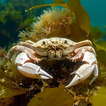 A white crab on seaweed
