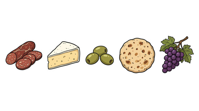 Set of snacks for wine tasting, including salami, cheese, green olives, crackers, and a bunch of grapes