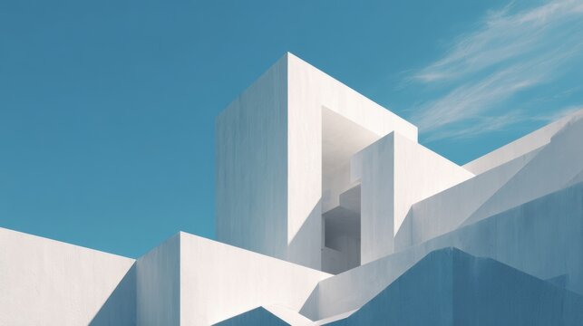 Geometric Harmony: An abstract architectural composition of clean, white geometric forms set against a vibrant blue sky with a few wisps of clouds, creating a sense of serenity.