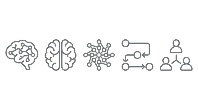 Set of thin line icons representing artificial intelligence, neural networks, machine learning, data processing, and humancomputer interaction