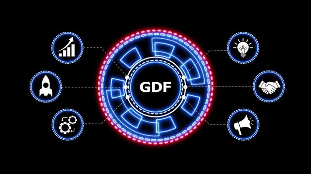 Gdf concept hud digital technology motion graphic. Futuristic user interface displaying gdf logo with business icons including rocket and gear in neon glowing animation.