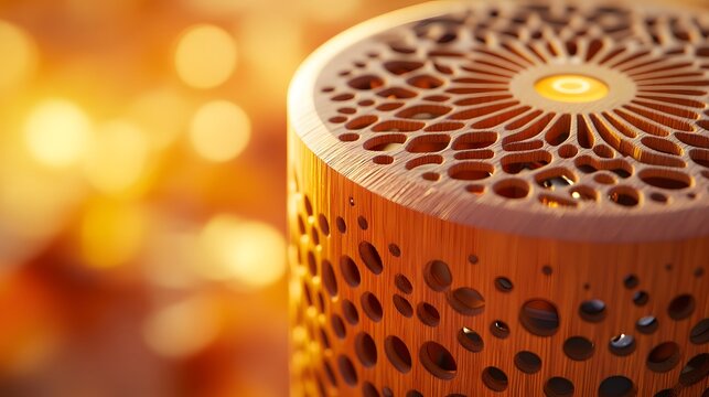 A close up of a wooden Bluetooth speaker with intricate circular perforations glowing softly against a warm bokeh background emphasizing its detailed craftsmanship and ambient lighting design.