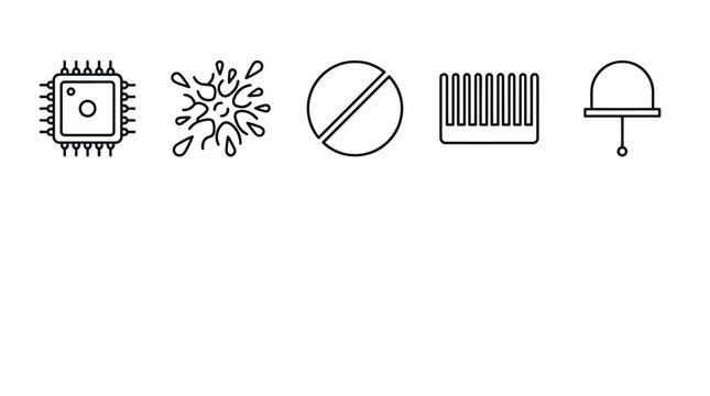 Set of simple line icons for technology, science, medicine, grooming and sports, including computer chip, virus, pill, comb and fencing mask
