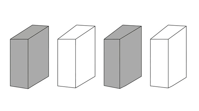 Four 3d rectangular prisms, two grey and two white, arranged in a row