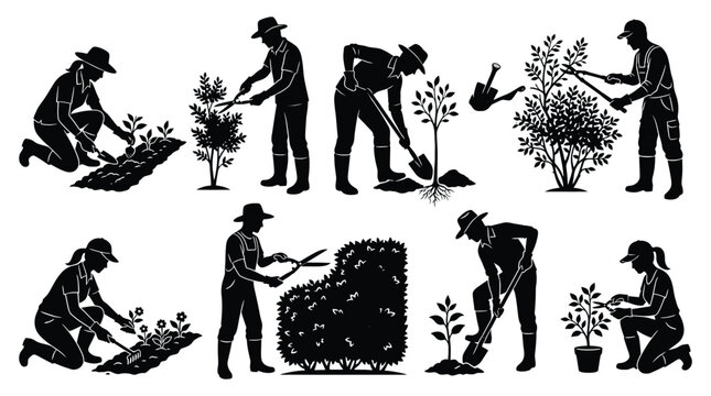 Set of gardeners silhouettes working in the garden, planting, pruning and watering plants