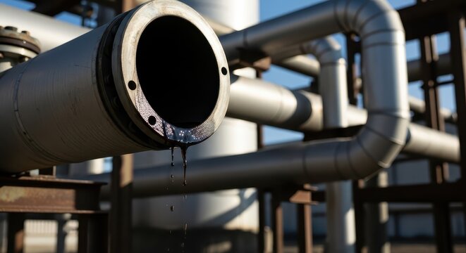 Close-up of leaking industrial pipe releasing dark fluid, showcasing potential environmental concern and infrastructure failure