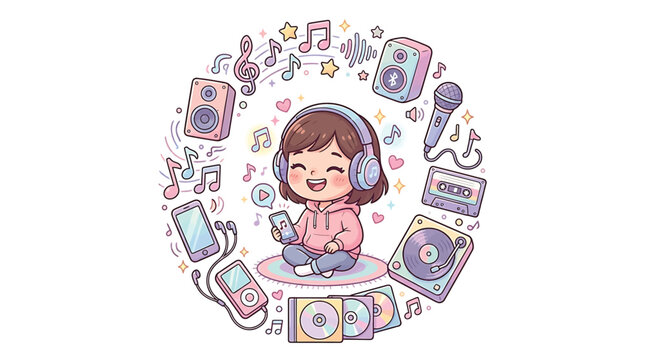 Cute cartoon girl listening to music with headphones surrounded by musical equipment and icons, colorful vector illustration