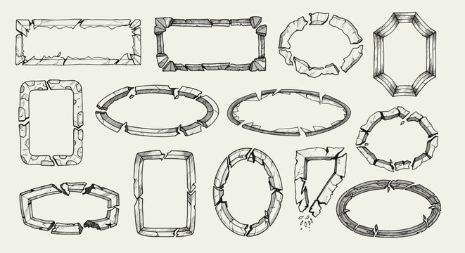 Handdrawn distressed stone frames and broken rock borders for game user interface elements