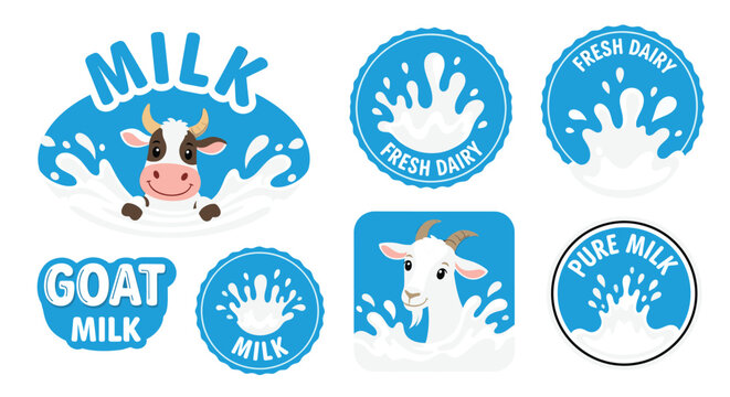 Fresh milk and dairy product labels featuring happy cow and goat mascots for beverage branding