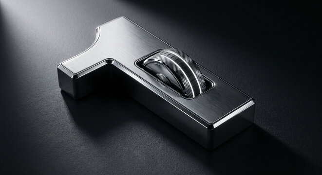 A modern, metallic, silver-colored door handle with a sleek design and a visible screw, casting.