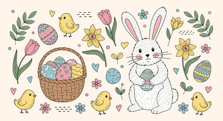 Fototapeta premium Happy Easter bunny, baby chicks, decorative eggs, and vibrant spring flowers for holiday