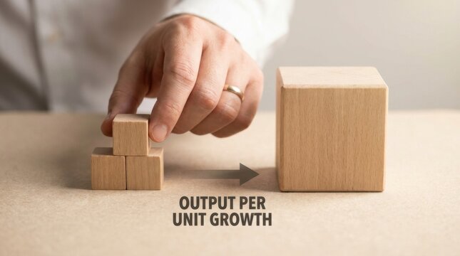 A person strategically placing a block into a tower symbolizing growth in output per unit in business concepts