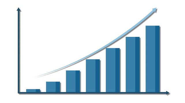 Animated business charts showing growth and decline with rising blue bars and falling red bars on white background.