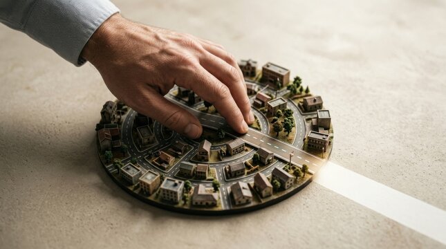 Hand touching a model of a city symbolizing strategic path realignment and urban development concept
