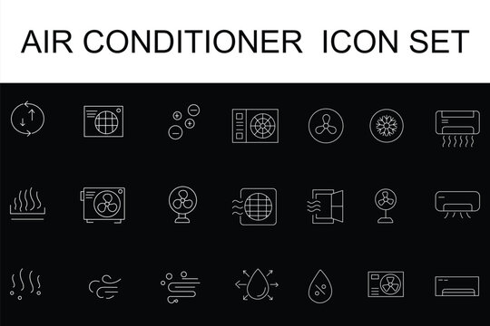 A set of line icons related to air conditioning. Air cooler, fan, booster and so on. Vector outline icons set.