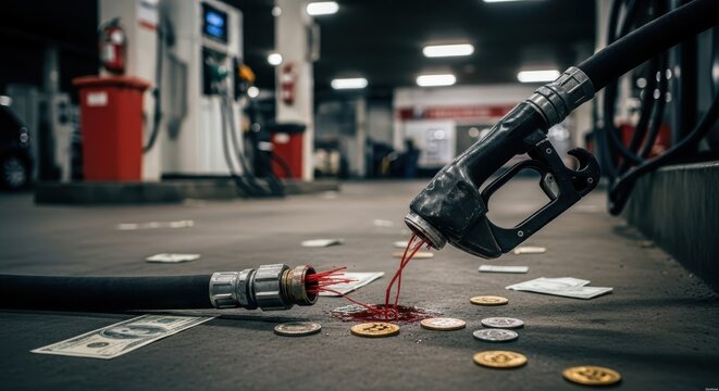 Fuel hose disconnected and spilling liquid onto money and coins at a gas station, symbolizing financial loss and high costs.