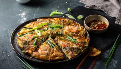 Fototapeta premium Korean seafood and green onion pancakes called pajeon. Perfect for food blogs, asian cuisine articles, restaurant menus, and travel guides.