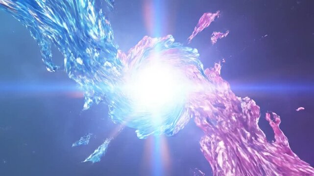 Abstract 3D render of two colorful flowing fluid forms in blue and magenta tones meeting in front of a bright central glow against a dark cosmic background with nebular dust and stars.