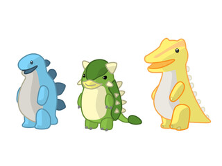 かわいい恐竜キャラクターセット：ステゴサウルス、アロサウルス、アンキロサウルス。カラフルなベクターイラスト、ぬいぐるみ風。Dinosaur © ヒラパタ