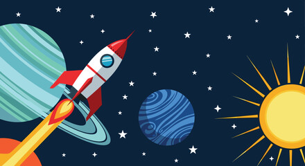 Naklejka premium Rocket flying through outer space with planets and stars for educational or childrens materials