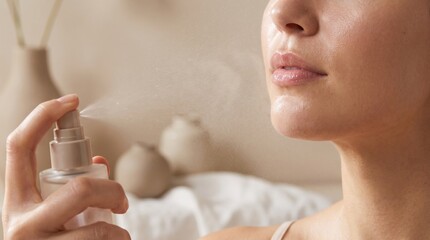 Naklejka premium woman applying natural skincare serum in soft morning light bedroom