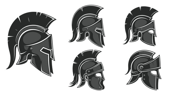 Ancient warrior helmets set for historical themes, sport team mascots, and gaming graphics.