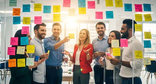 Diverse Team Brainstorming Ideas on Glass Wall with Sticky Notes.