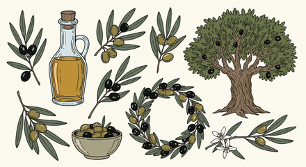 Naklejka premium Various olive components including branches, oil bottle, wreath, and tree for culinary and healthy lifestyle marketing