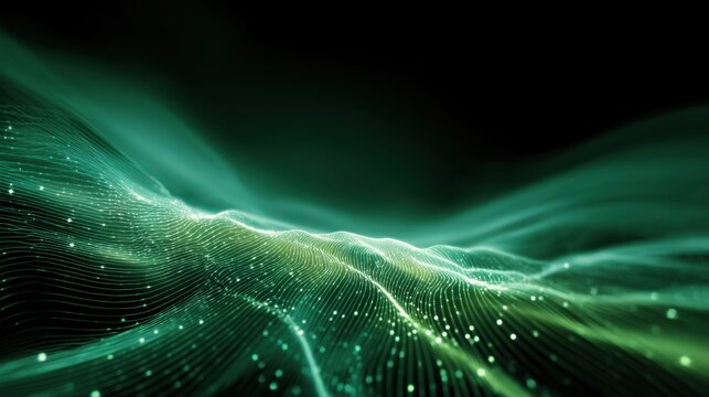 Emerald Wave Symphony: An abstract, dynamic digital artwork evokes a sense of flowing energy and depth with shades of emerald and subtle light particles, creating a captivating visual experience.