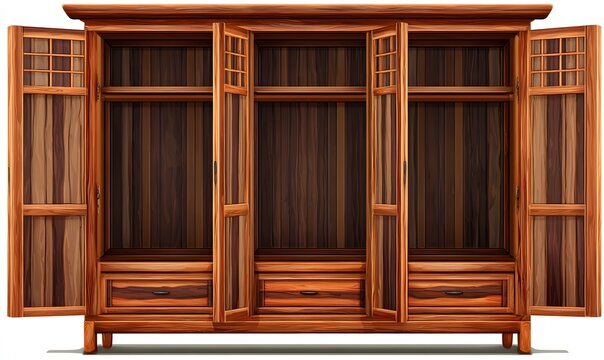 Large open wooden wardrobe with doors