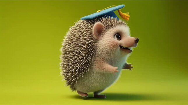 Cute smart hedgehog wearing graduation cap on green screen background