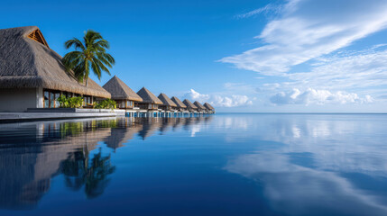 Fototapeta premium Idyllic resort on tranquil water with clear sky. This image captures the beauty of a tropical resort with a clear sky, palm tree, and serene water reflection. A symbol of luxury and peace