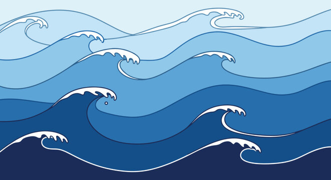Blue ocean waves with white foamy crests provide a calm water background for graphic uses.