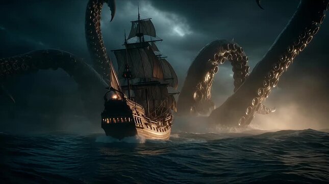 Giant kraken octopus tentacles attacking old sailing ship in stormy ocean