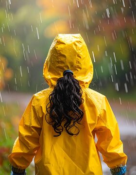 A young girl in a yellow raincoat walks in the rain