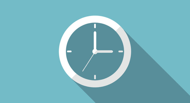 Flat design clock with long shadow depicting time management deadlines and efficient scheduling