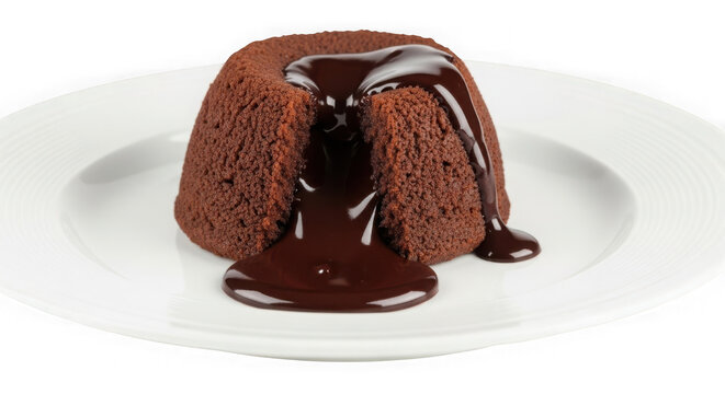 Delicious chocolate lava cake served on a white plate with a gooey center. isolated on transparent background