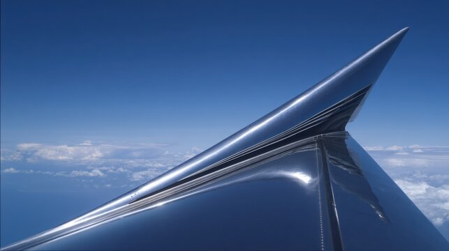 Sleek metallic wingtip of a high-speed business jet soaring through the clear blue sky above clouds